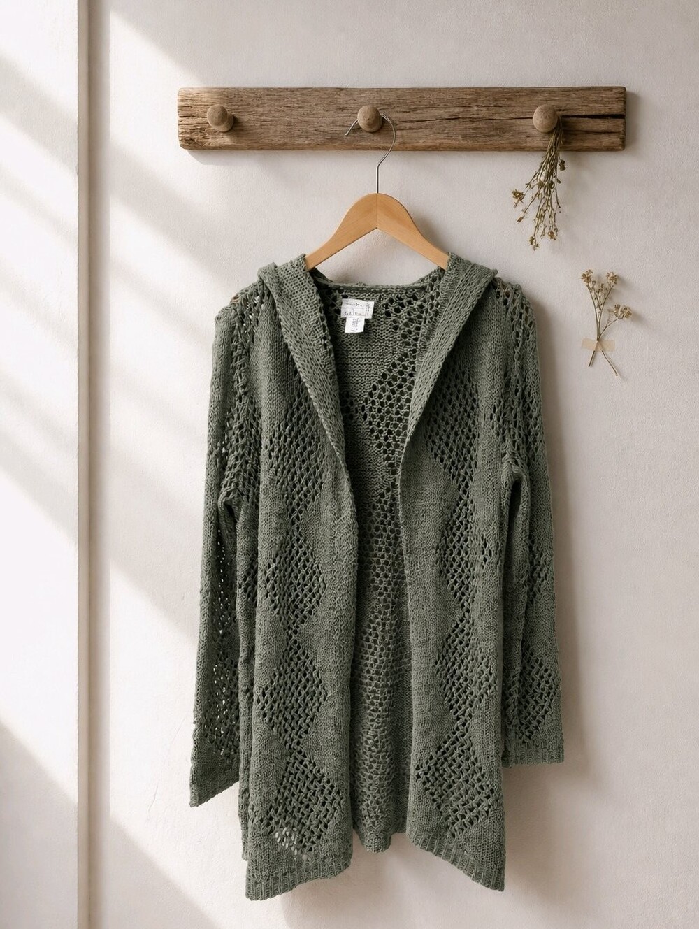 Nicole Miller NWT Open-Front Hooded Knit Cardigan Sweater - Olive Green